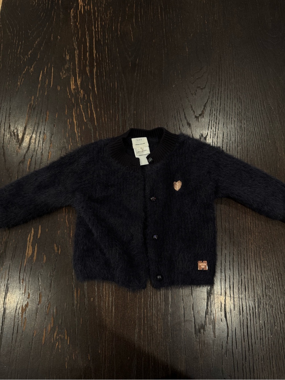 Children's Fuzzy Button-Front Cardigan with Heart Accent - Navy